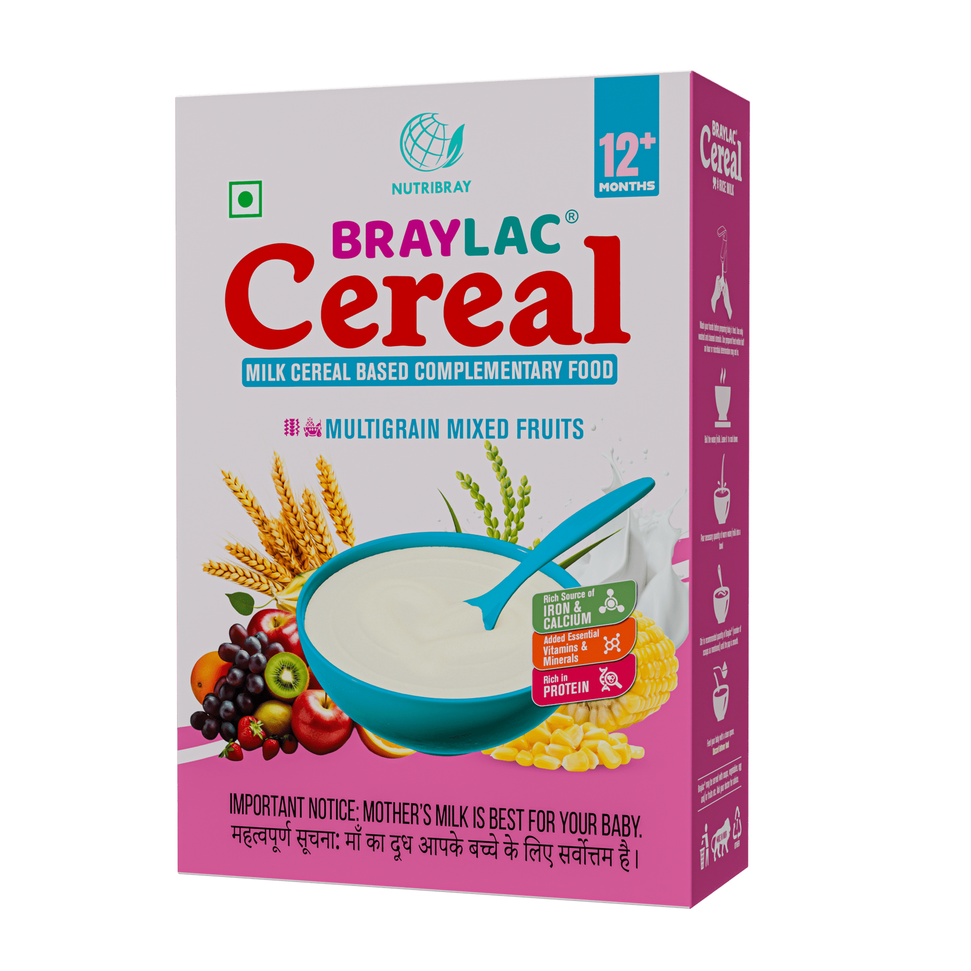 Braylac Cereal Multigrain Mixed Fruit - 300 gm Bag in Box For 12+ Months baby - Braymil