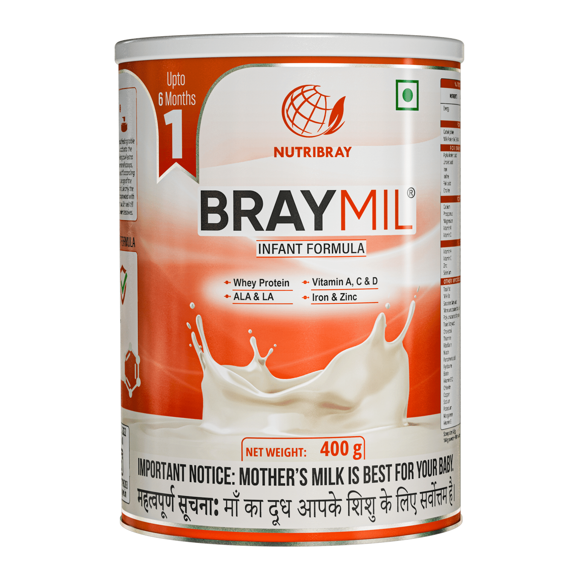 Braymil 1 Infant Formula | Stage - 1 | Upto 6 Months 400 gm Tin Pack - Braymil