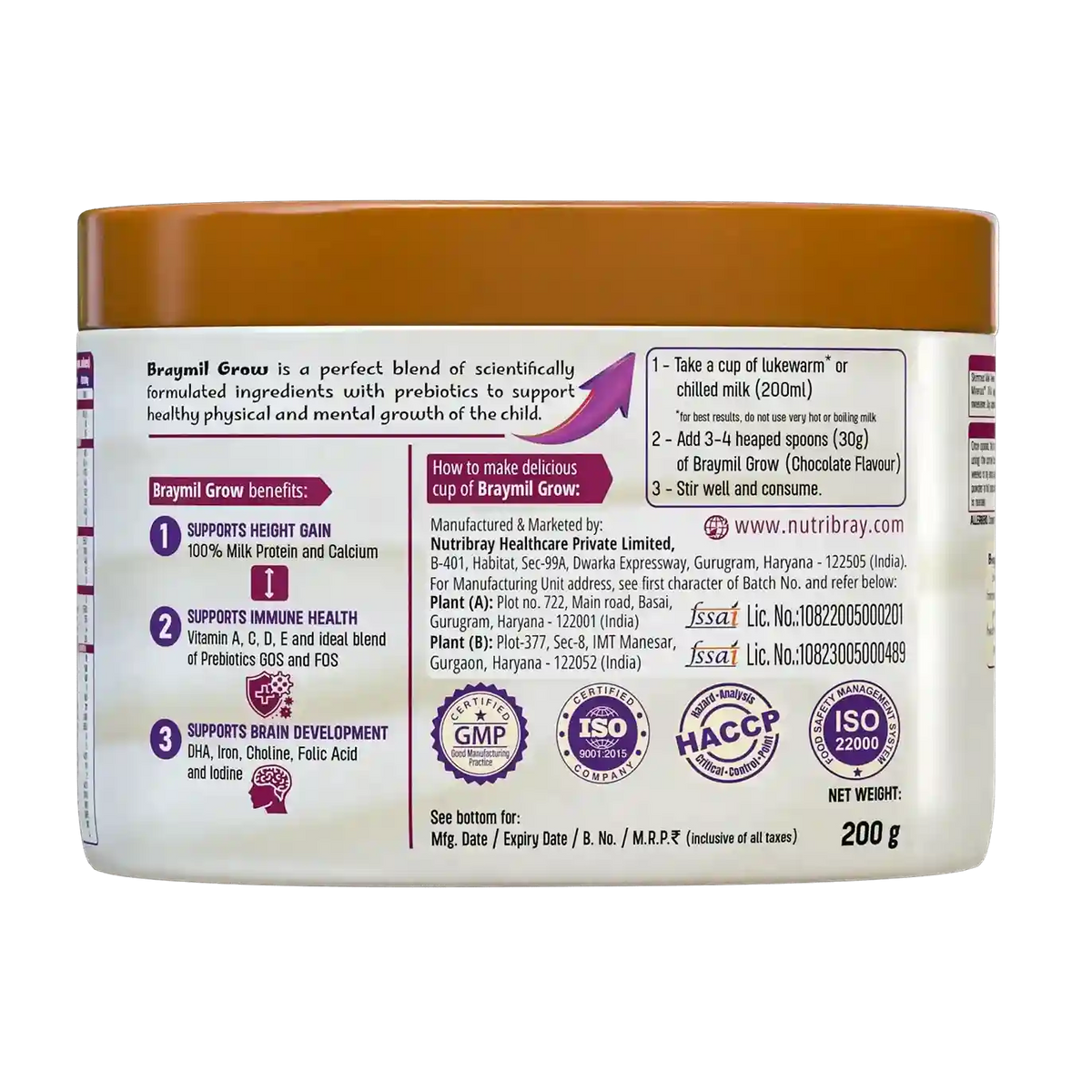 Braymil Grow Chocolate Kids Milk Drink Powder | Growing UP Formula | 2-6 Years | 200g Braymil