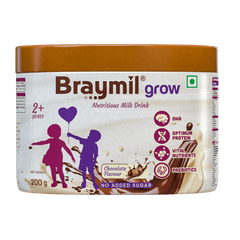 Braymil Grow | Nutritious Chocolate Milk Drink Powder for Toddlers No Added Sucrose | Enriched with DHA, Protein & Essential Nutrients | 200g Jar Pack