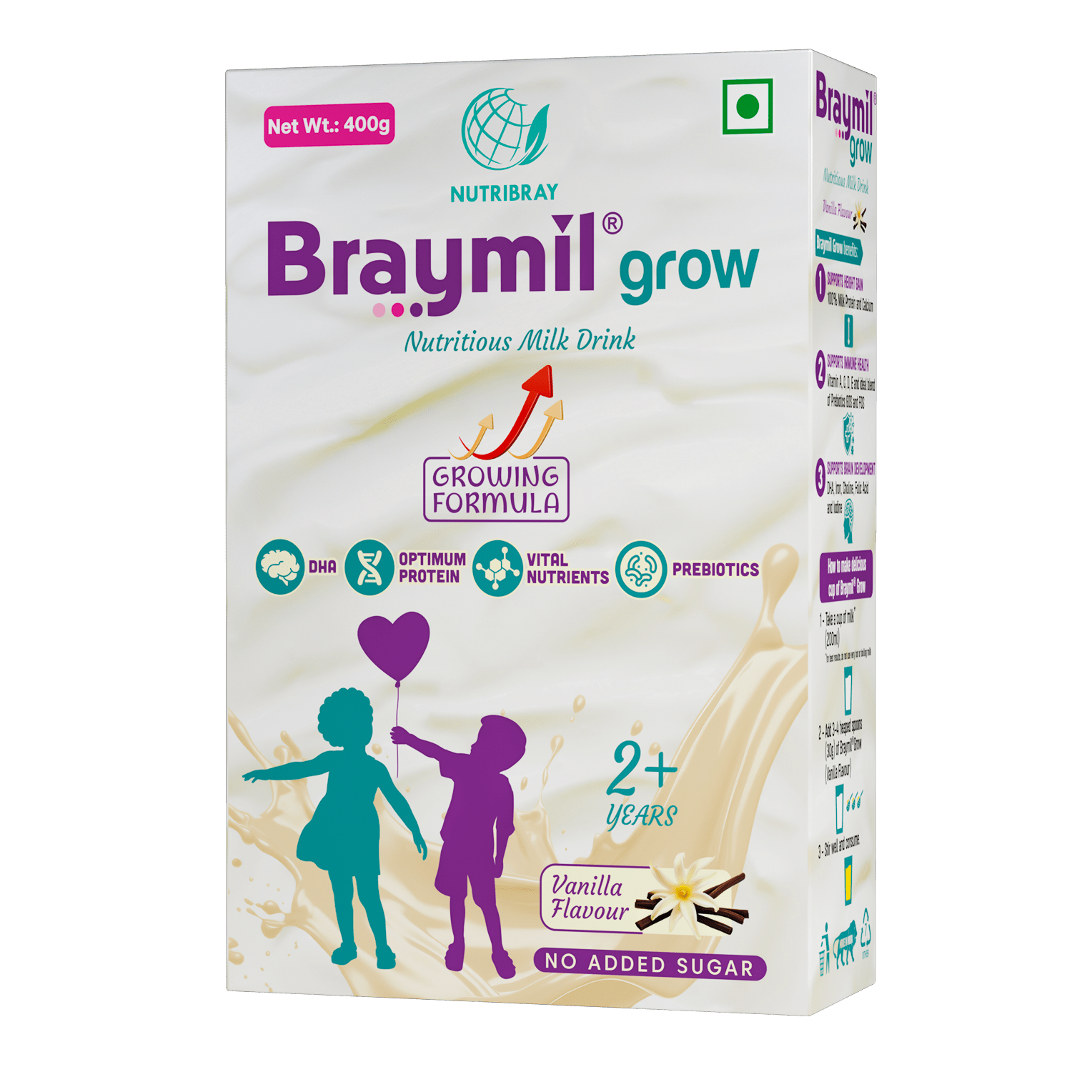 Braymil Grow Nutritious Milk Drink - Vanilla Flavour | Growing Formula for Kids | 400 gm Bag - in - Box - Braymil