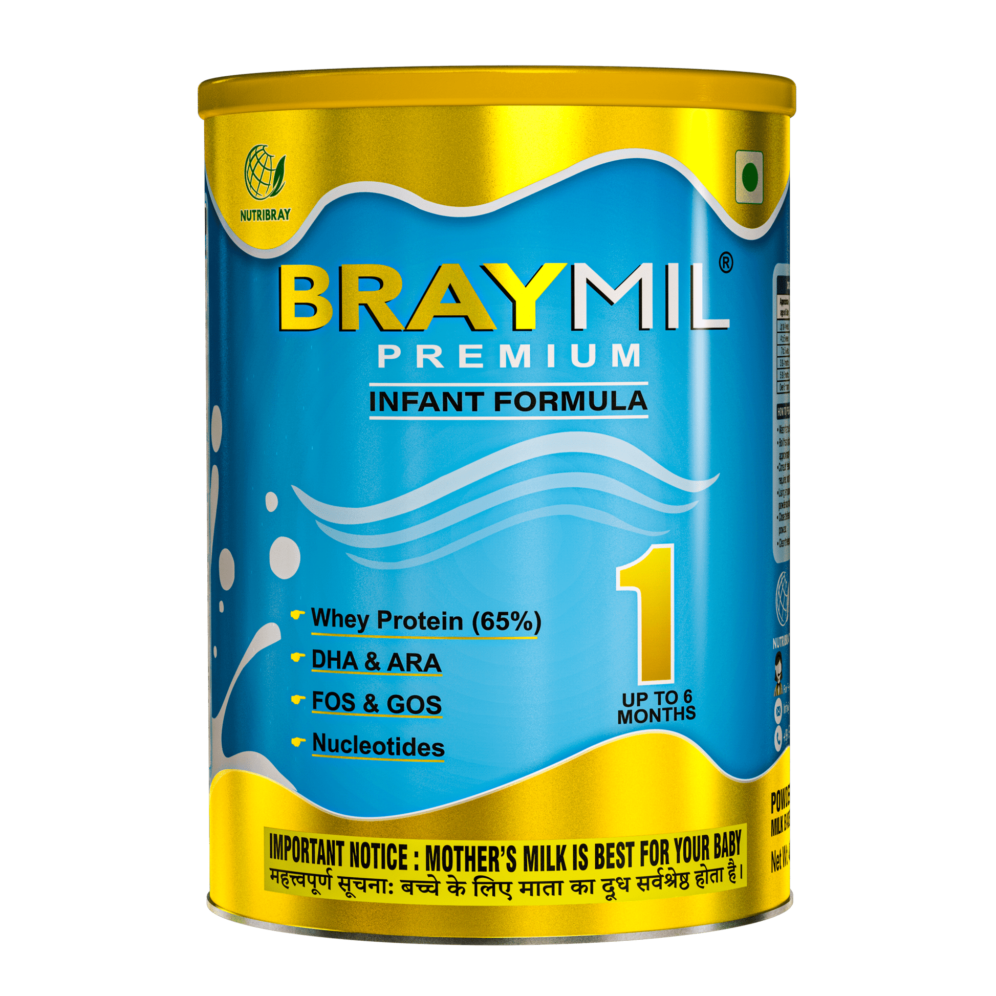 Braymil premium 1 Infant Formula stage - 1 | 0 to 6 months - 400 gm Tin pack - Braymil