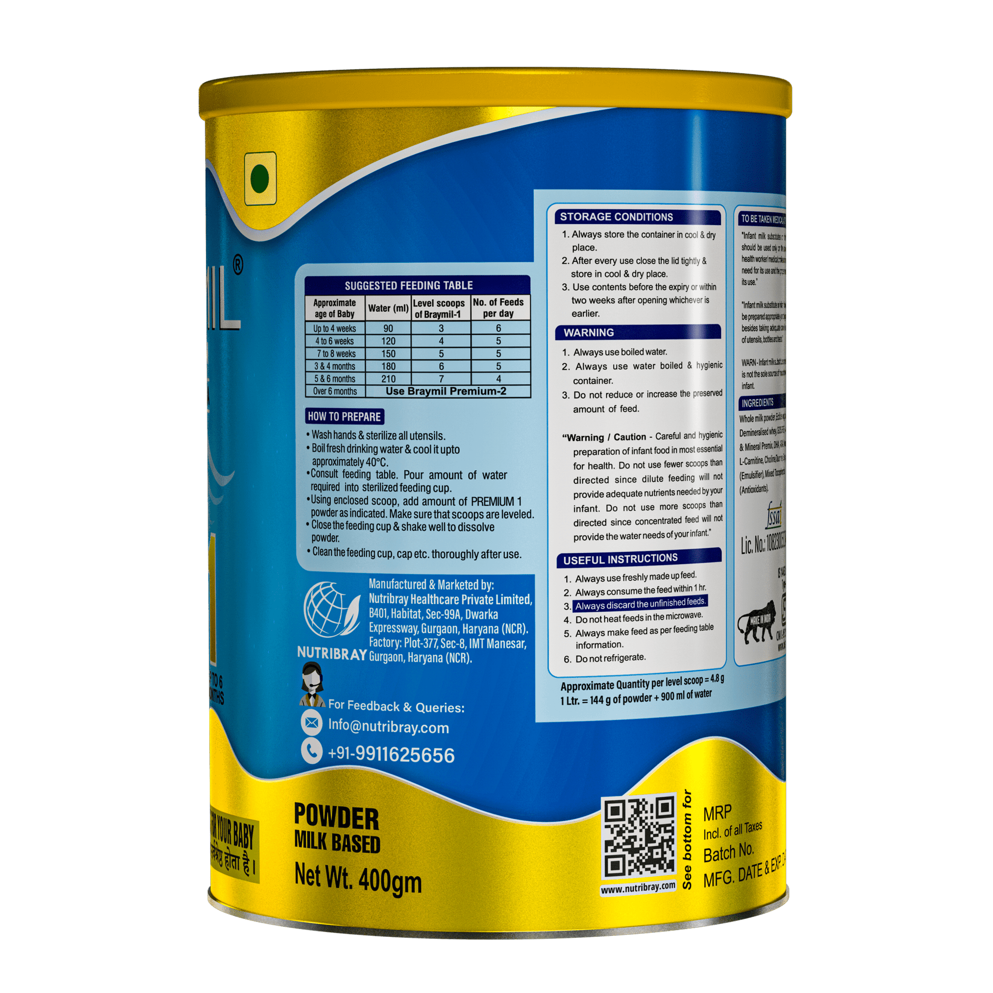 Braymil premium 1 Infant Formula stage - 1 | 0 to 6 months - 400 gm Tin pack - Braymil