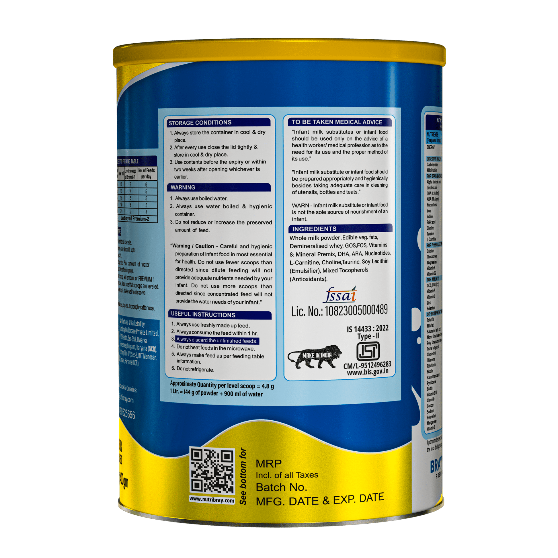 Braymil premium 1 Infant Formula stage - 1 | 0 to 6 months - 400 gm Tin pack - Braymil