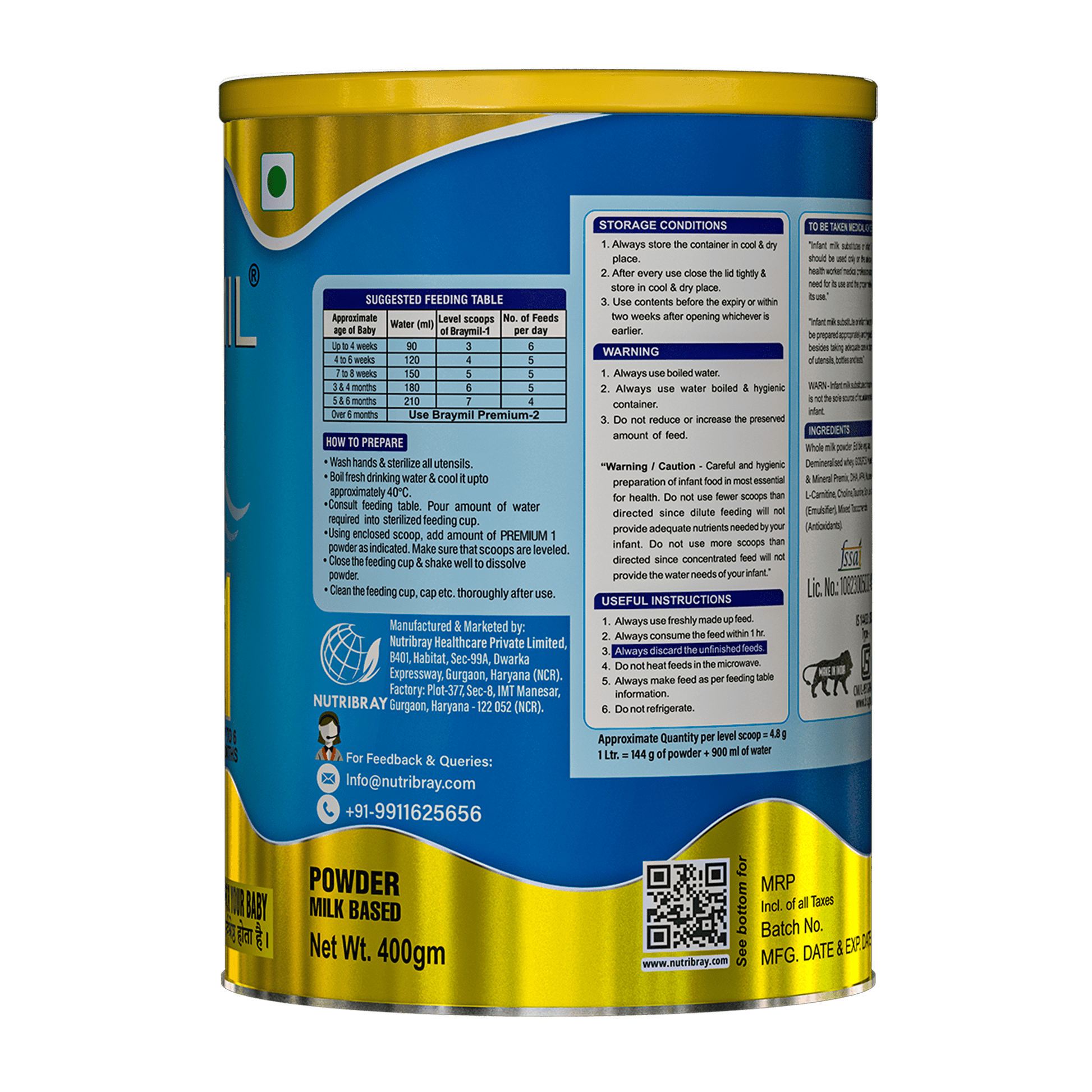 Braymil premium 1 Infant Formula stage - 1 | 0 to 6 months - 400 gm Tin pack - Braymil