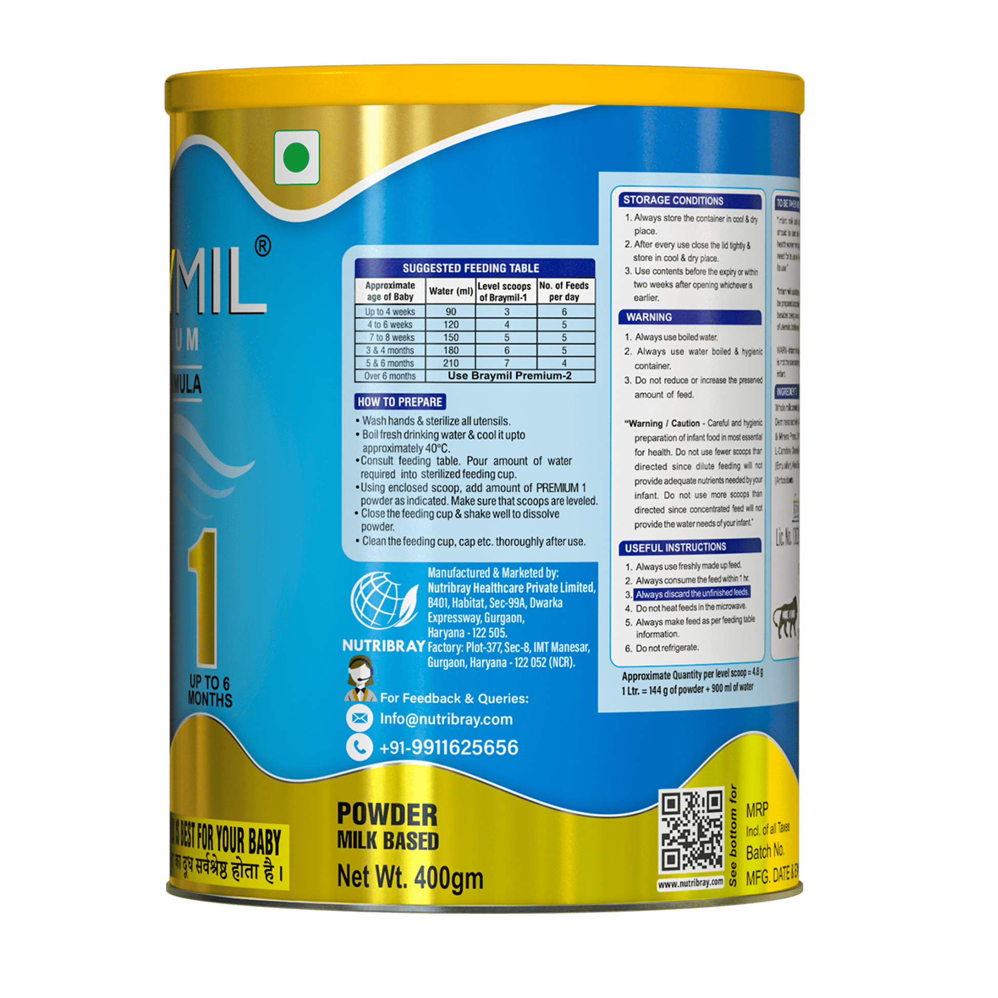 Braymil premium 1 Infant Formula stage - 1 | 0 to 6 months - 400 gm Tin pack - Braymil