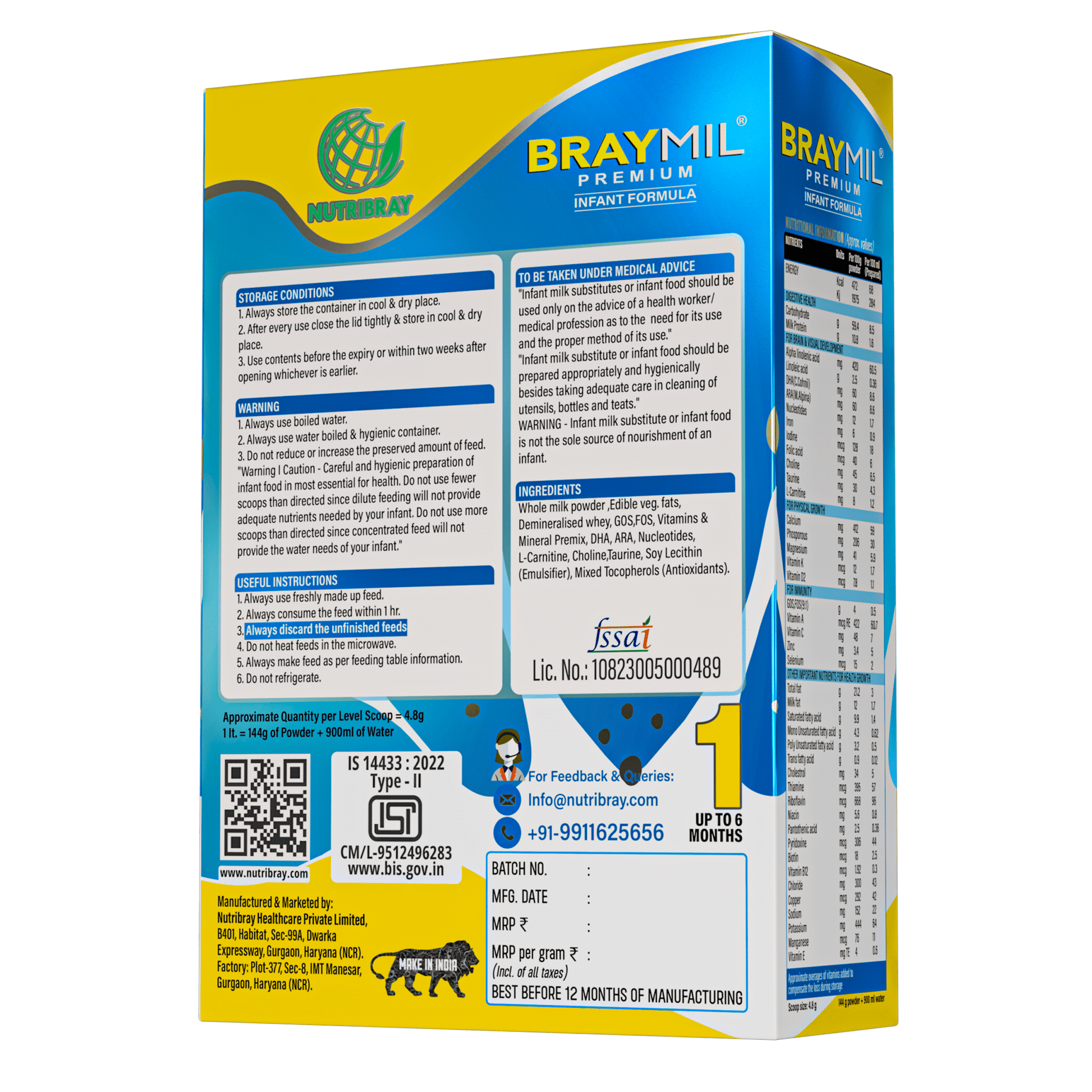 Braymil Premium 1 Infant Formula Stage - 1 | Bag in Box - 400g Pack - Braymil