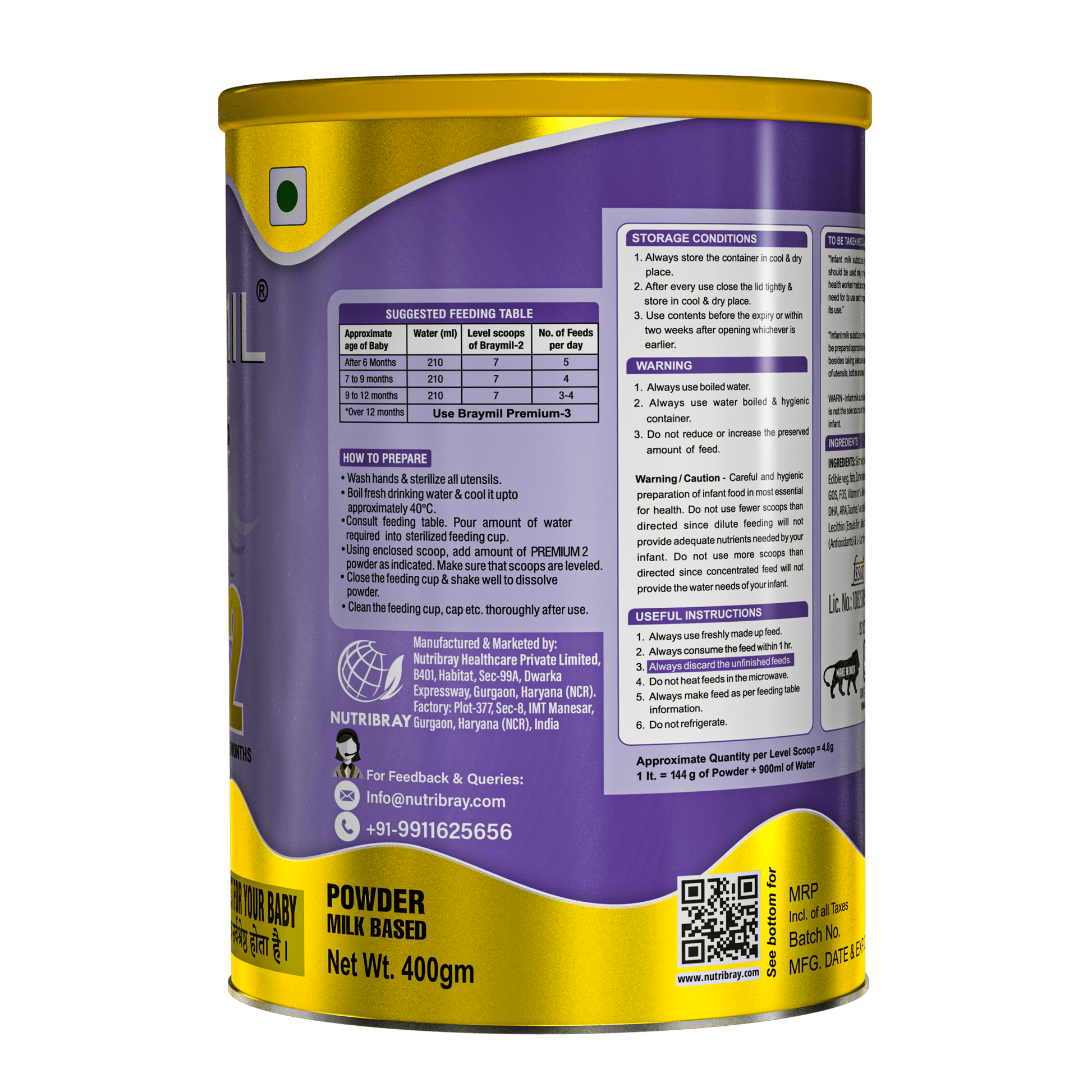 Braymil Premium 2 follow up formula | stage 2 - 400 gm Tin pack - Braymil