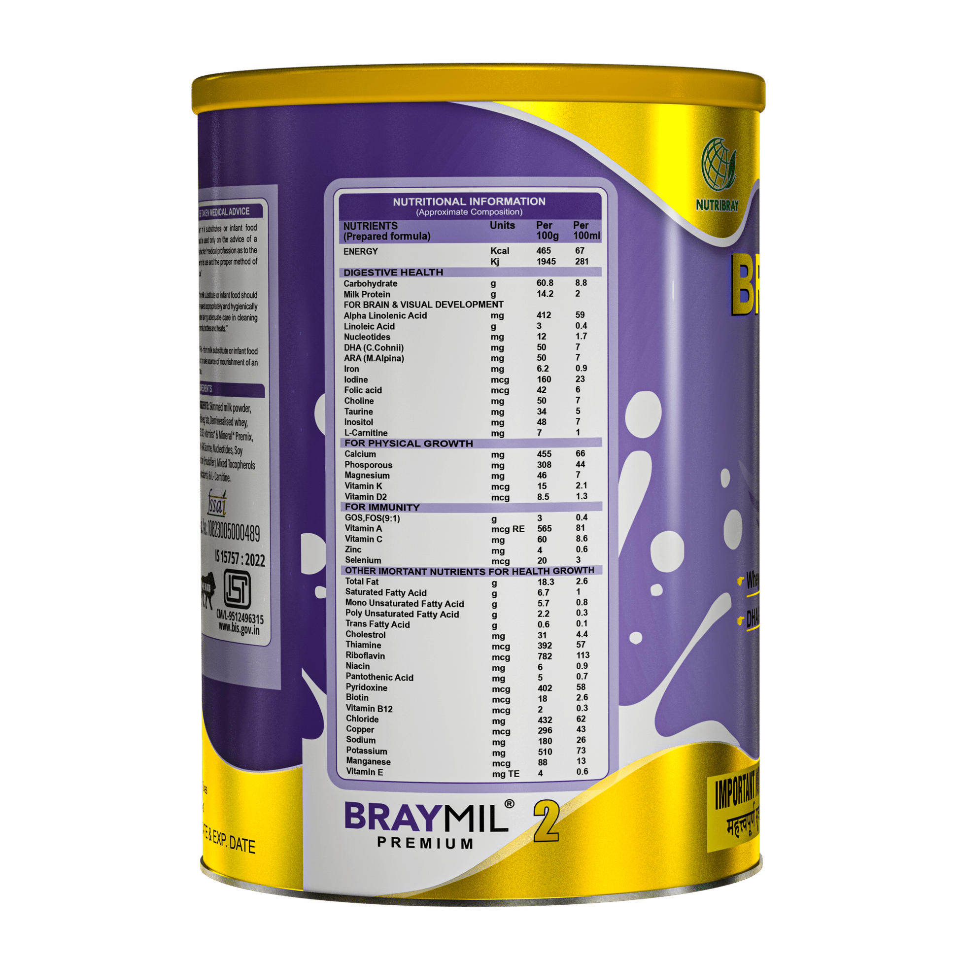 Braymil Premium 2 follow up formula | stage 2 - 400 gm Tin pack - Braymil