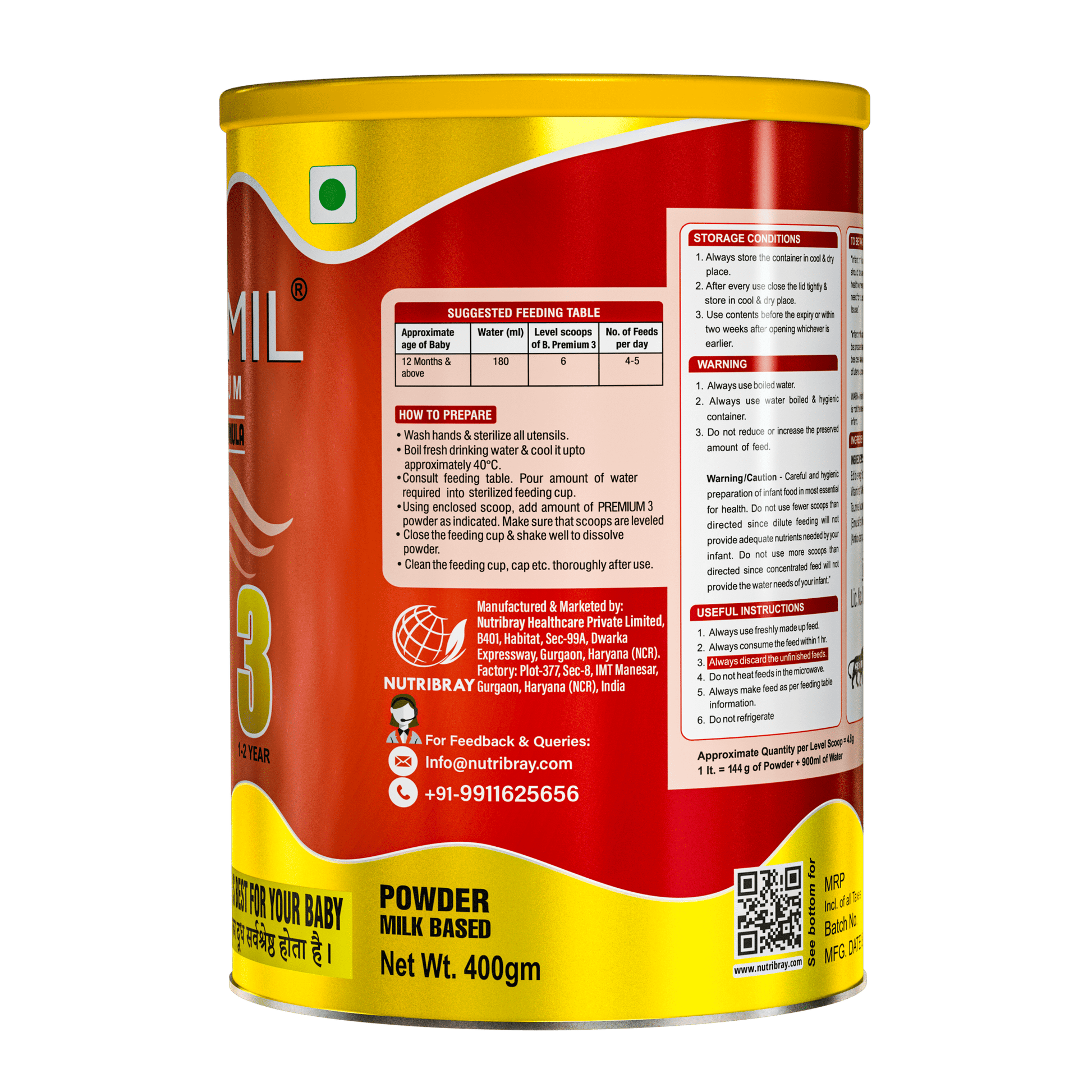 Braymil Premium 3 follow up formula - stage 3 - 400 g Tin Pack - Braymil